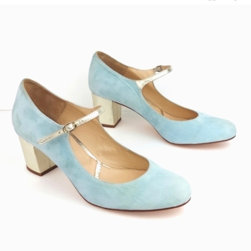 Rachel Simpson BHLDN Chloe Blue + Gold Suede Mary Jane Block Heel Wedding Shoes